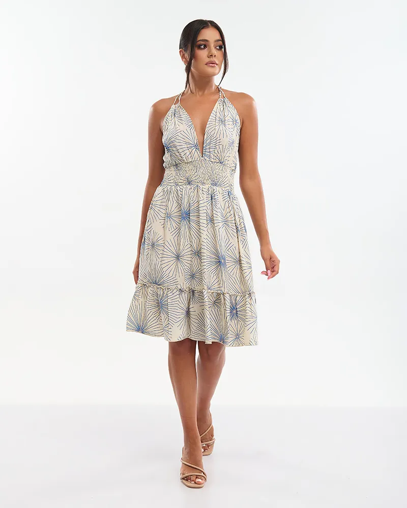 ΦΟΡΕΜΑ ΚΟΝΤΟ ΕΚΡΟΥ ΜΕ ΧΡΥΣΑ/ΜΠΛΕ ΛΟΥΛΟΥΔΙΑ (70% SILK 30% POLYESTER)