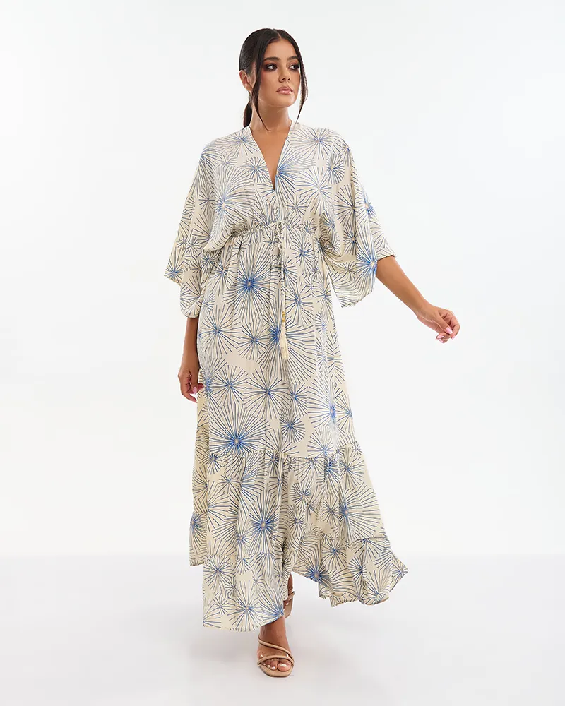 ΦΟΡΕΜΑ ΜΑΚΡΥ 3/4 ΕΚΡΟΥ ΜΕ ΧΡΥΣΑ/ΜΠΛΕ ΛΟΥΛΟΥΔΙΑ (70% SILK 30% POLYESTER)