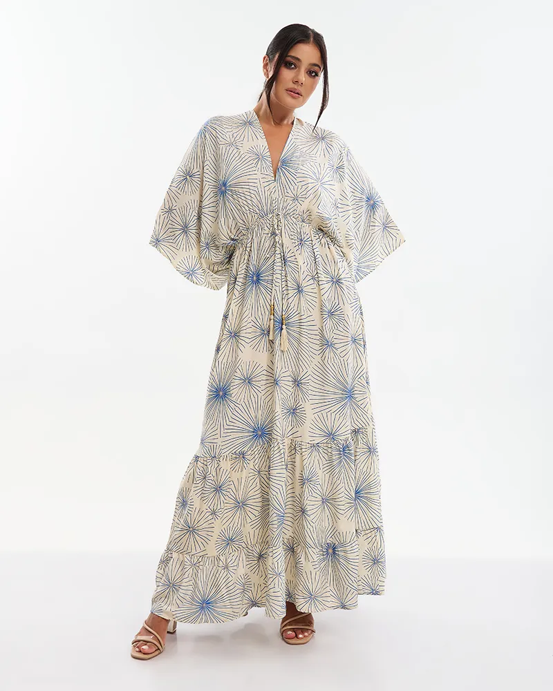 ΦΟΡΕΜΑ ΜΑΚΡΥ 3/4 ΕΚΡΟΥ ΜΕ ΧΡΥΣΑ/ΜΠΛΕ ΛΟΥΛΟΥΔΙΑ (70% SILK 30% POLYESTER)