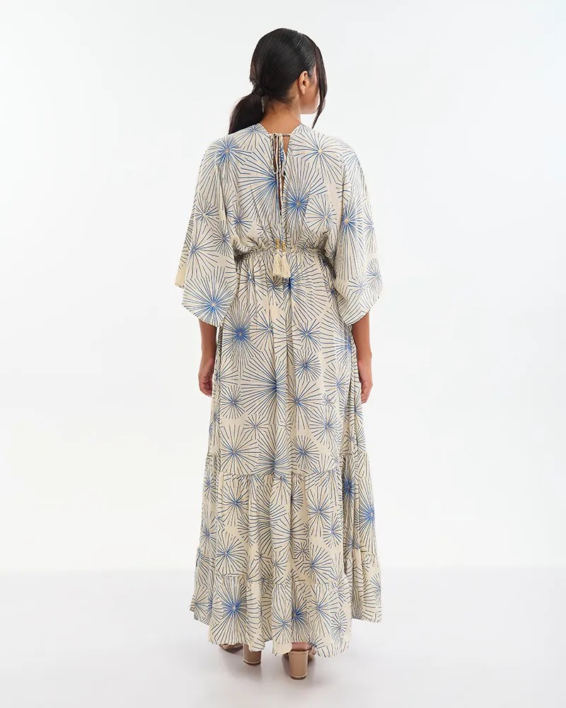 ΦΟΡΕΜΑ ΜΑΚΡΥ 3/4 ΕΚΡΟΥ ΜΕ ΧΡΥΣΑ/ΜΠΛΕ ΛΟΥΛΟΥΔΙΑ (70% SILK 30% POLYESTER)