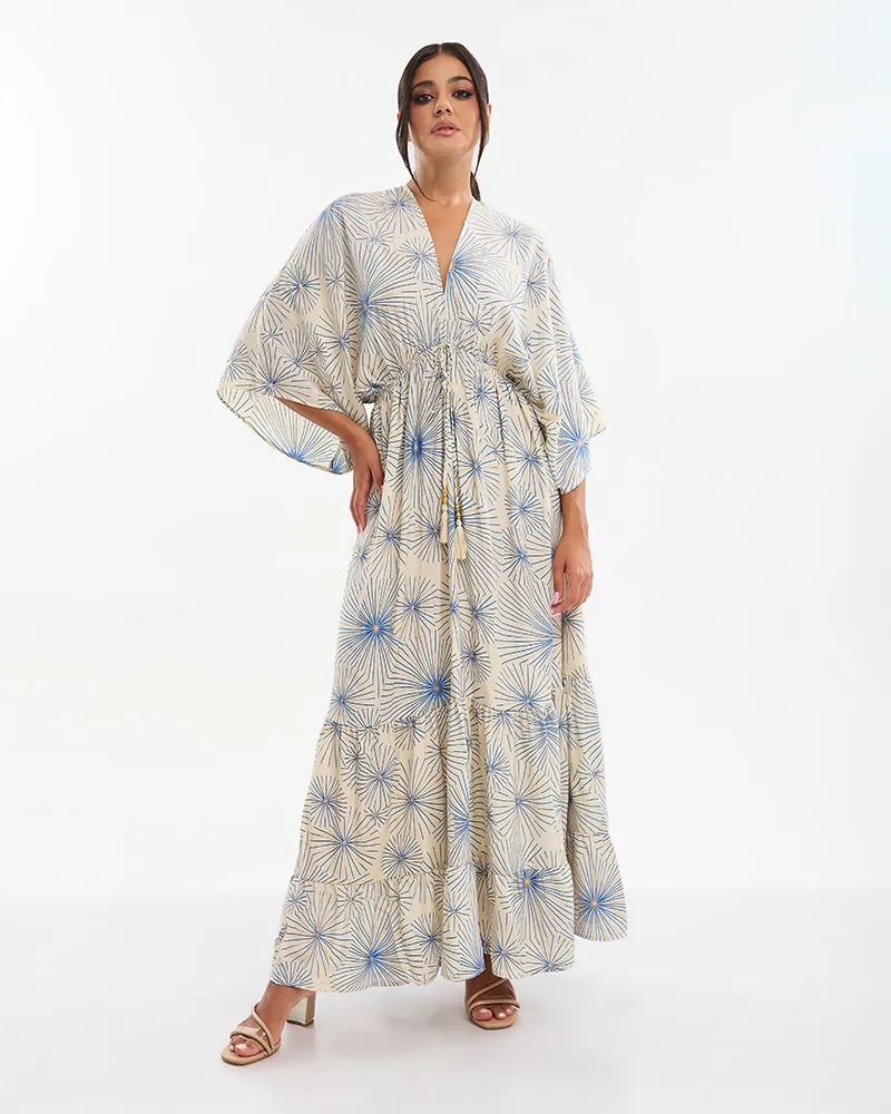 ΦΟΡΕΜΑ ΜΑΚΡΥ 3/4 ΕΚΡΟΥ ΜΕ ΧΡΥΣΑ/ΜΠΛΕ ΛΟΥΛΟΥΔΙΑ (70% SILK 30% POLYESTER)