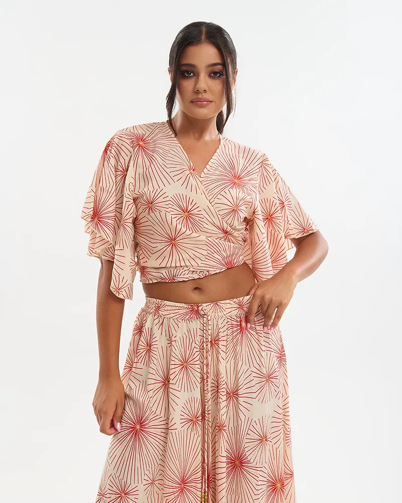 S/2 ΤΟΠ ΚΑΙ ΦΟΥΣΤΑ ΣΕ ΕΚΡΟΥ ΜΕ ΚΟΚΚΙΝΑ/ΧΡΥΣΑ ΛΟΥΛΟΥΔΙΑ ONE SIZE (70% SILK 30% POLYESTER)