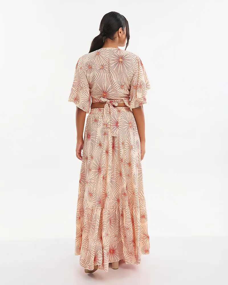 S/2 ΤΟΠ ΚΑΙ ΦΟΥΣΤΑ ΣΕ ΕΚΡΟΥ ΜΕ ΚΟΚΚΙΝΑ/ΧΡΥΣΑ ΛΟΥΛΟΥΔΙΑ ONE SIZE (70% SILK 30% POLYESTER)