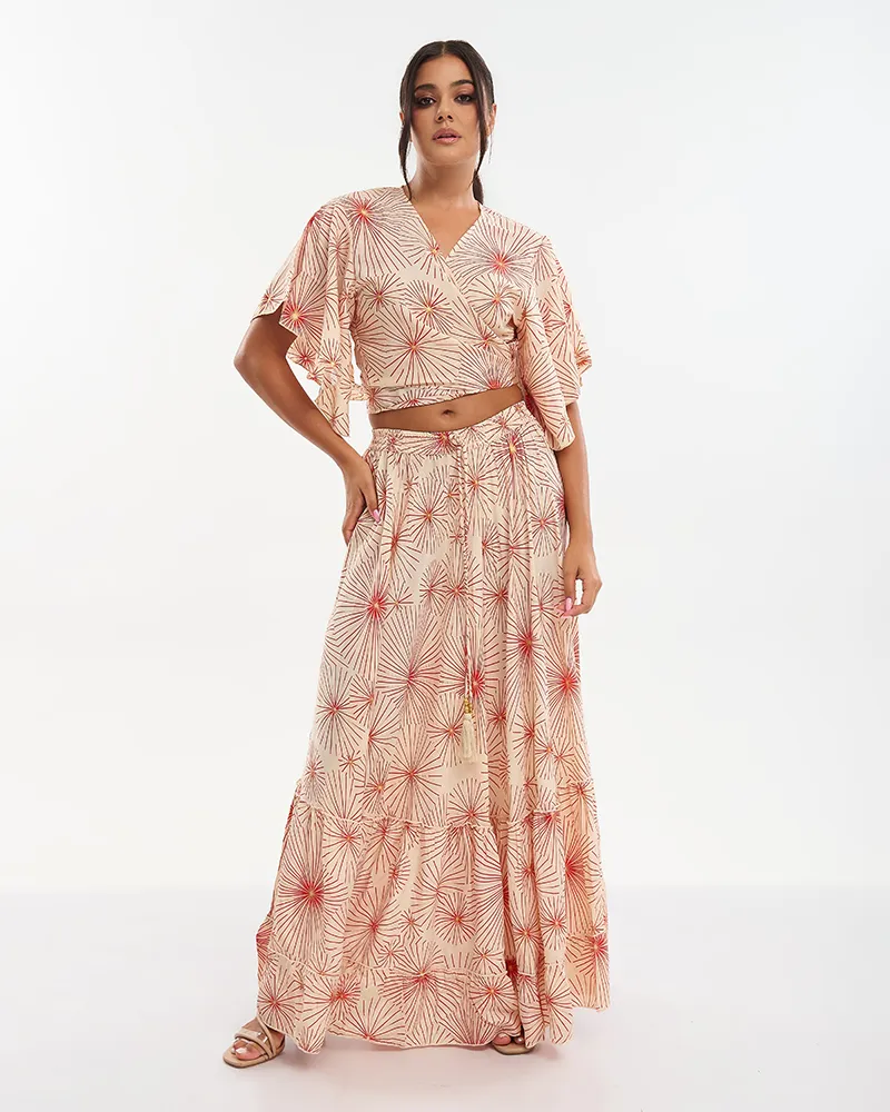 S/2 ΤΟΠ ΚΑΙ ΦΟΥΣΤΑ ΣΕ ΕΚΡΟΥ ΜΕ ΚΟΚΚΙΝΑ/ΧΡΥΣΑ ΛΟΥΛΟΥΔΙΑ ONE SIZE (70% SILK 30% POLYESTER)