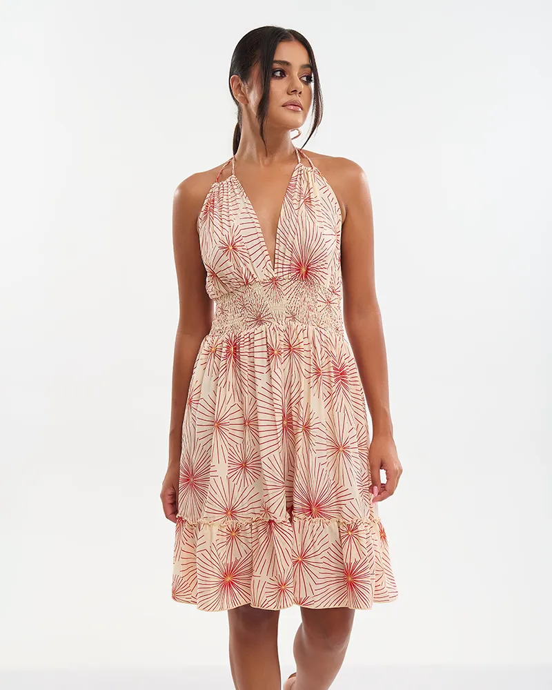 ΚΟΝΤΟ ΦΟΡΕΜΑ ΣΕ ΕΚΡΟΥ ΜΕ ΚΟΚΚΙΝΑ/ΧΡΥΣΑ ΛΟΥΛΟΥΔΙΑ ONE SIZE (70% SILK 30% POLYESTER)