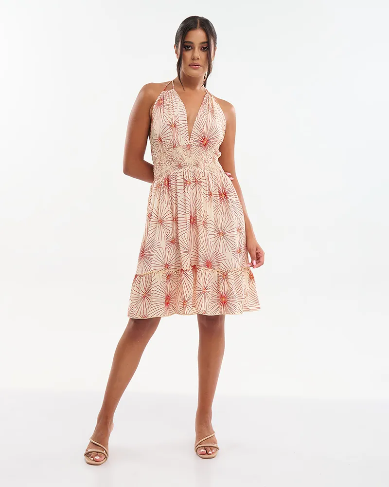 ΚΟΝΤΟ ΦΟΡΕΜΑ ΣΕ ΕΚΡΟΥ ΜΕ ΚΟΚΚΙΝΑ/ΧΡΥΣΑ ΛΟΥΛΟΥΔΙΑ ONE SIZE (70% SILK 30% POLYESTER)