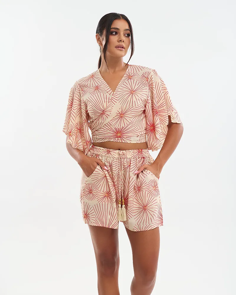 S/2 ΤΟΠΑΚΙ ΚΑΙ ΣΟΡΤΣΑΚΙ ΣΕ ΕΚΡΟΥ ΜΕ ΚΟΚΚΙΝΑ/ΧΡΥΣΑ ΛΟΥΛΟΥΔΙΑ ONE SIZE (70% SILK 30% POLYESTER)