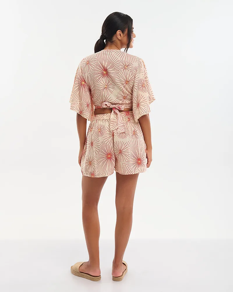 S/2 ΤΟΠΑΚΙ ΚΑΙ ΣΟΡΤΣΑΚΙ ΣΕ ΕΚΡΟΥ ΜΕ ΚΟΚΚΙΝΑ/ΧΡΥΣΑ ΛΟΥΛΟΥΔΙΑ ONE SIZE (70% SILK 30% POLYESTER)