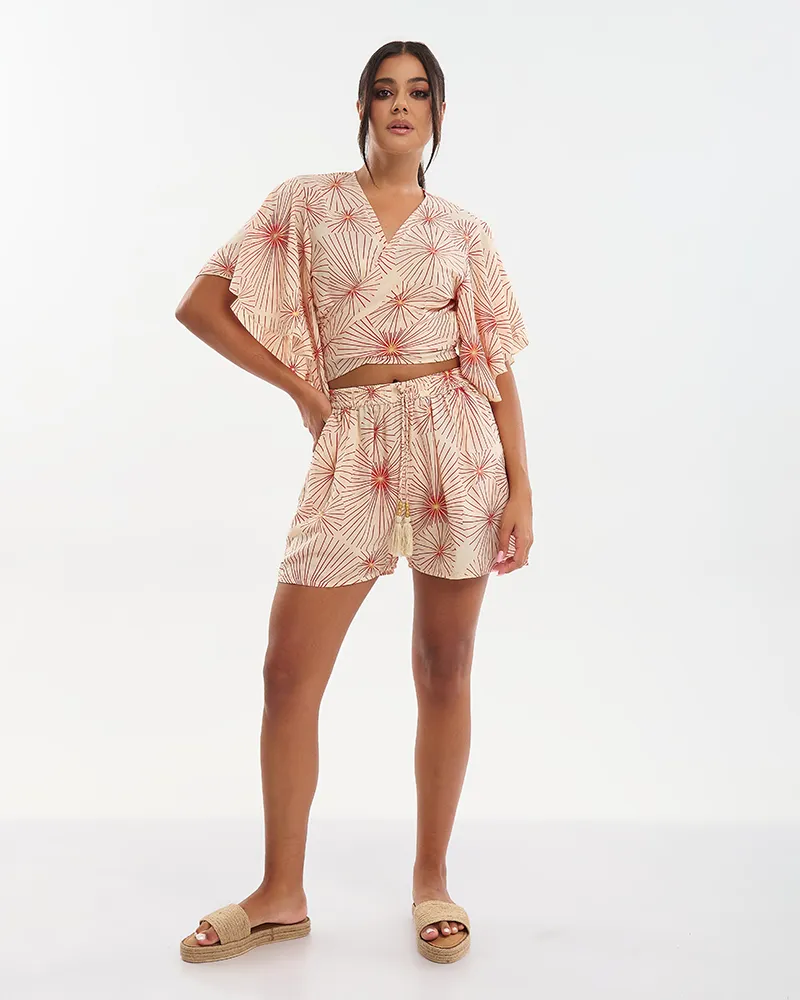 S/2 ΤΟΠΑΚΙ ΚΑΙ ΣΟΡΤΣΑΚΙ ΣΕ ΕΚΡΟΥ ΜΕ ΚΟΚΚΙΝΑ/ΧΡΥΣΑ ΛΟΥΛΟΥΔΙΑ ONE SIZE (70% SILK 30% POLYESTER)