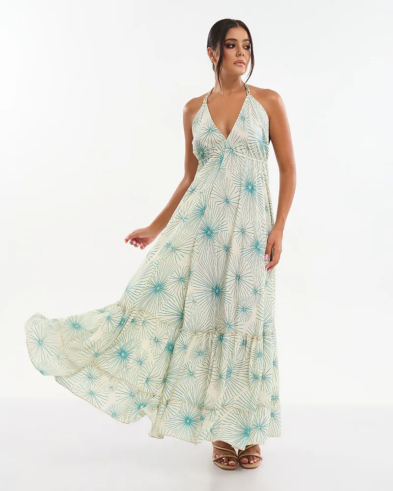 ΜΑΚΡΥ ΦΟΡΕΜΑ  ΕΚΡΟΥ ΜΕ  ΤΥΡΚΟΥΑΖ/ΧΡΥΣΑ ΛΟΥΛΟΥΔΙΑ ONE SIZE (70% SILK 30% POLYESTER)