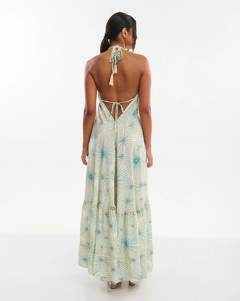 ΜΑΚΡΥ ΦΟΡΕΜΑ  ΕΚΡΟΥ ΜΕ  ΤΥΡΚΟΥΑΖ/ΧΡΥΣΑ ΛΟΥΛΟΥΔΙΑ ONE SIZE (70% SILK 30% POLYESTER)