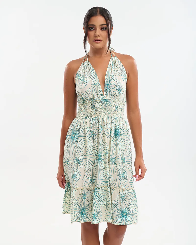 ΚΟΝΤΟ ΦΟΡΕΜΑ  ΕΚΡΟΥ ΜΕ  ΤΥΡΚΟΥΑΖ/ΧΡΥΣΑ ΛΟΥΛΟΥΔΙΑ ONE SIZE (70% SILK 30% POLYESTER)