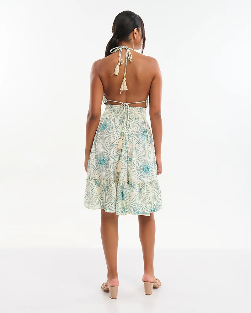 ΚΟΝΤΟ ΦΟΡΕΜΑ  ΕΚΡΟΥ ΜΕ  ΤΥΡΚΟΥΑΖ/ΧΡΥΣΑ ΛΟΥΛΟΥΔΙΑ ONE SIZE (70% SILK 30% POLYESTER)