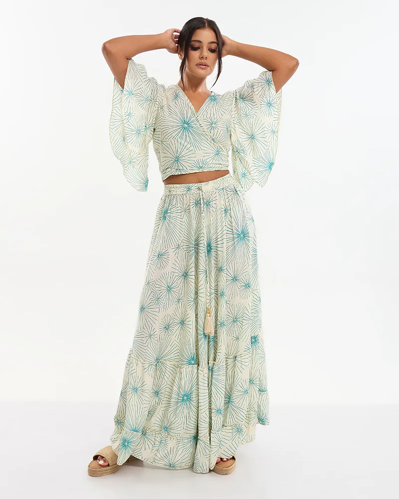 S/2 ΤΟΠ ΚΑΙ ΦΟΥΣΤΑ ΕΚΡΟΥ ΜΕ  ΤΥΡΚΟΥΑΖ/ΧΡΥΣΑ ΛΟΥΛΟΥΔΙΑ ONE SIZE (70% SILK 30% POLYESTER)