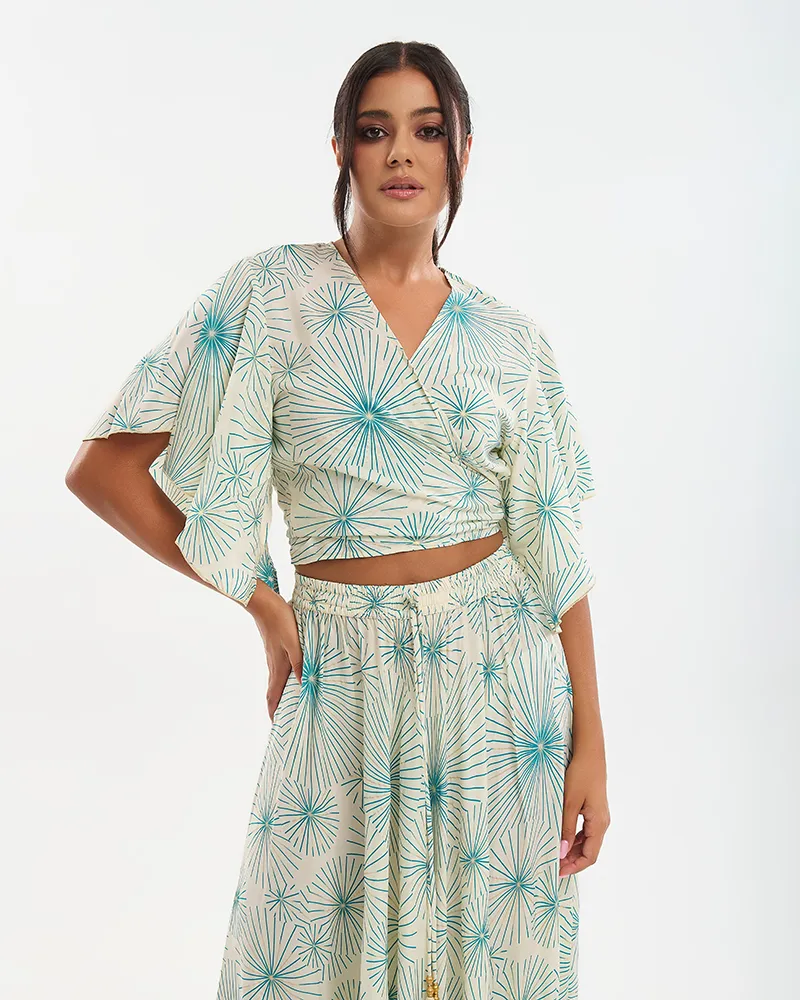 S/2 ΤΟΠ ΚΑΙ ΦΟΥΣΤΑ ΕΚΡΟΥ ΜΕ  ΤΥΡΚΟΥΑΖ/ΧΡΥΣΑ ΛΟΥΛΟΥΔΙΑ ONE SIZE (70% SILK 30% POLYESTER)