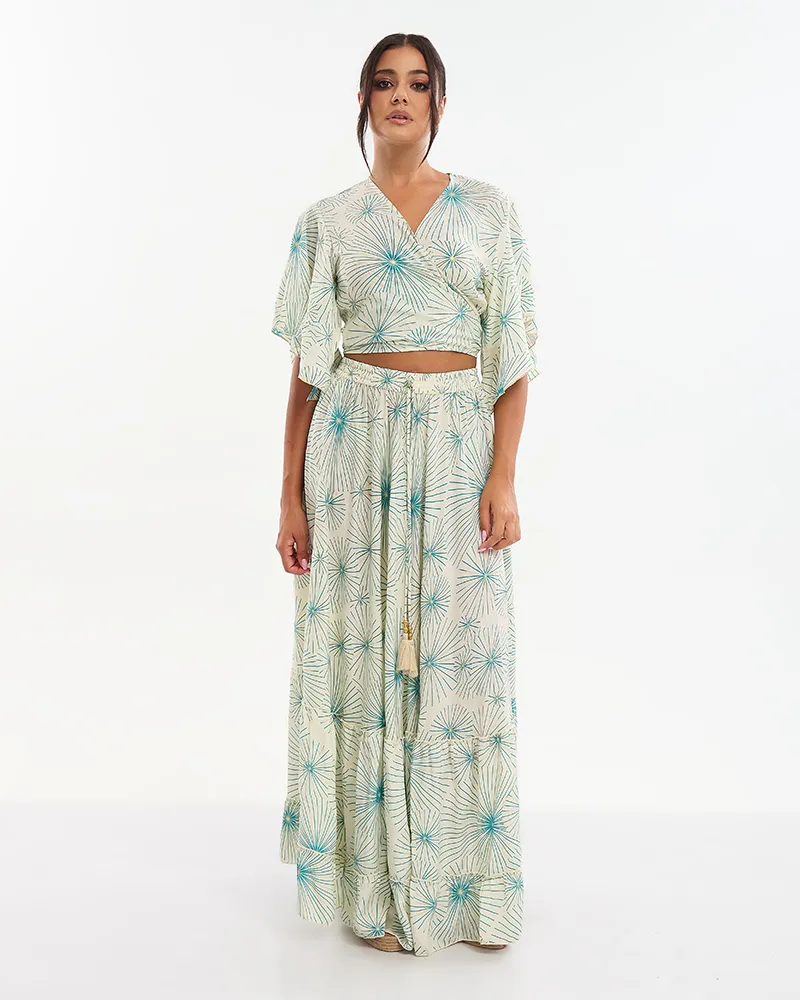 S/2 ΤΟΠ ΚΑΙ ΦΟΥΣΤΑ ΕΚΡΟΥ ΜΕ  ΤΥΡΚΟΥΑΖ/ΧΡΥΣΑ ΛΟΥΛΟΥΔΙΑ ONE SIZE (70% SILK 30% POLYESTER)