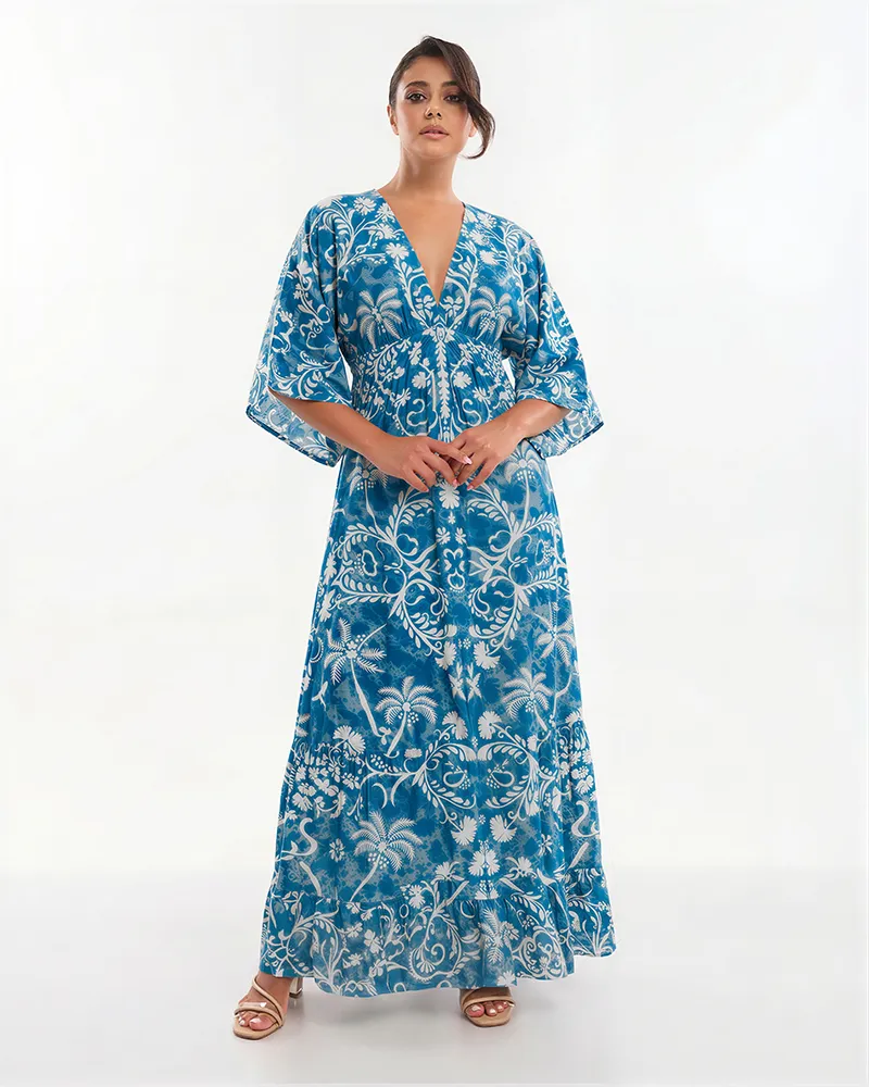 ΦΟΡΕΜΑ ΜΑΚΡΥ 3/4 ΜΠΛΕ/ΕΚΡΟΥ ΜΕ ΛΕΠΤΟΜΕΡΕΙΕΣ ONE SIZE (70% SILK 30% POLYESTER)