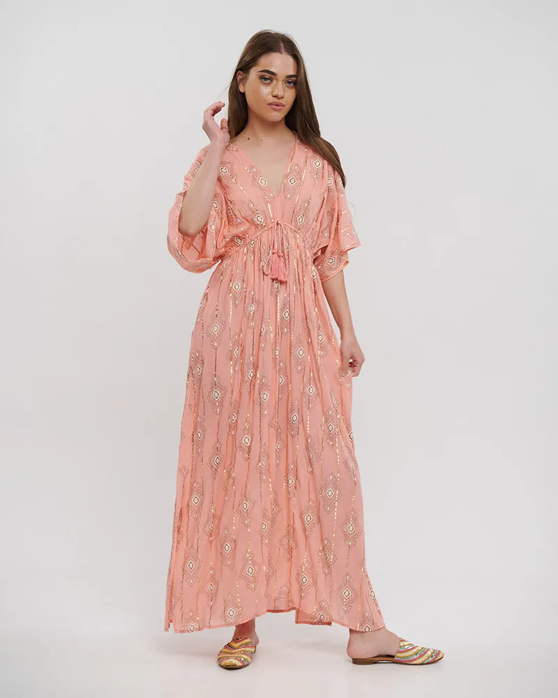 ΦΟΡΕΜΑ ΜΑΚΡΥ ME 3/4 MANIKI ΣΕ ΣΟΜΟΝ ΧΡΩΜΑ ME LUREX ONE SIZE (100% VISCOSE)