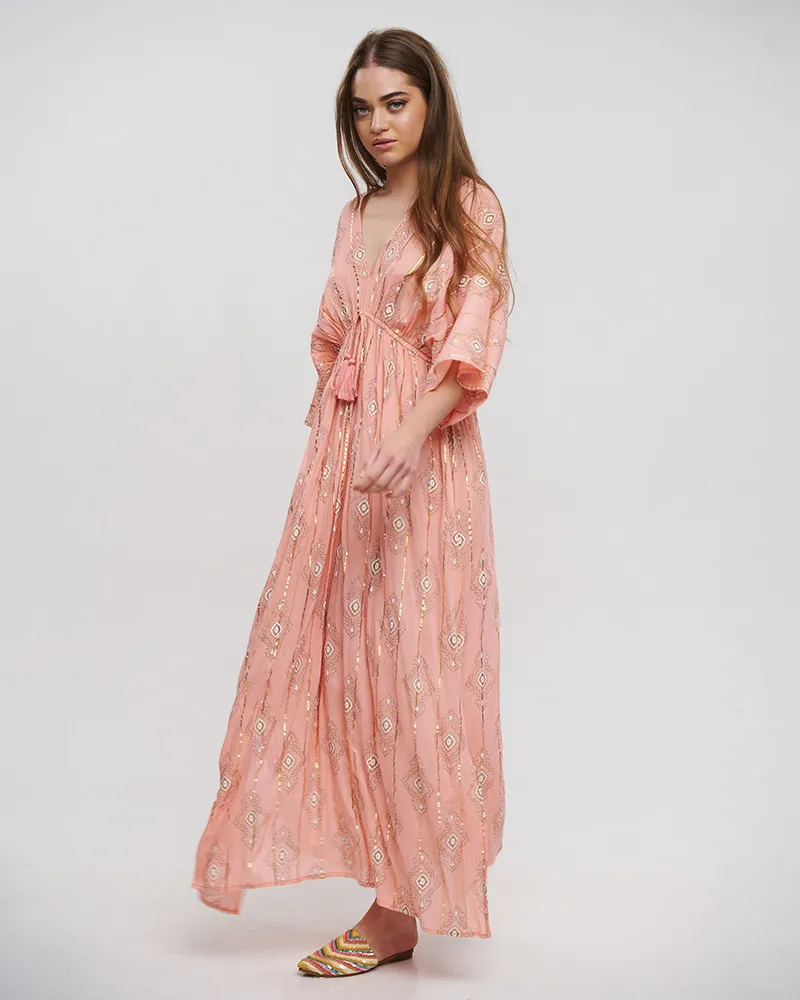 ΦΟΡΕΜΑ ΜΑΚΡΥ ME 3/4 MANIKI ΣΕ ΣΟΜΟΝ ΧΡΩΜΑ ME LUREX ONE SIZE (100% VISCOSE)