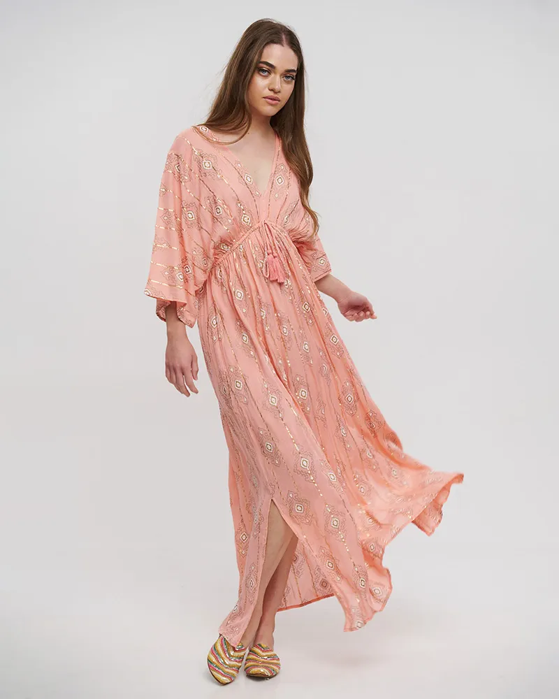 ΦΟΡΕΜΑ ΜΑΚΡΥ ME 3/4 MANIKI ΣΕ ΣΟΜΟΝ ΧΡΩΜΑ ME LUREX ONE SIZE (100% VISCOSE)