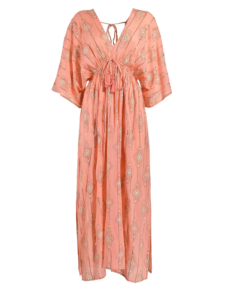 ΦΟΡΕΜΑ ΜΑΚΡΥ ME 3/4 MANIKI ΣΕ ΣΟΜΟΝ ΧΡΩΜΑ ME LUREX ONE SIZE (100% VISCOSE)