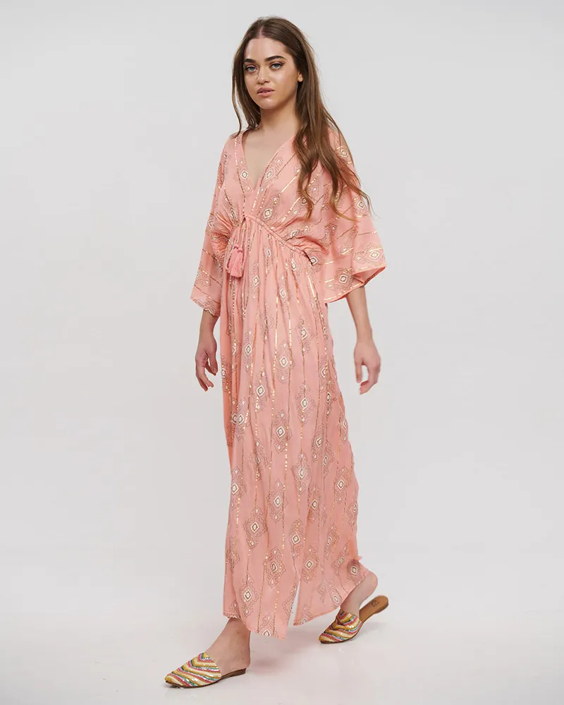 ΦΟΡΕΜΑ ΜΑΚΡΥ ME 3/4 MANIKI ΣΕ ΣΟΜΟΝ ΧΡΩΜΑ ME LUREX ONE SIZE (100% VISCOSE)