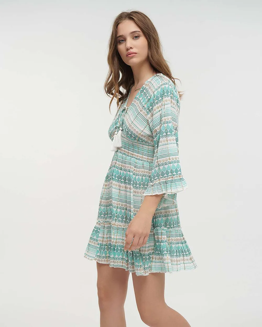 ΦΟΡΕΜΑ ΚΟΝΤΟ MΕ ΜΑΚΡΥ ΜΑΝΙΚΙ ΣΕ ΛΕΥΚΟ/ΠΡΑΣΙΝΟ ΧΡΩΜΑ ΜΕ LUREX ONE SIZE(100% VISCOSE)