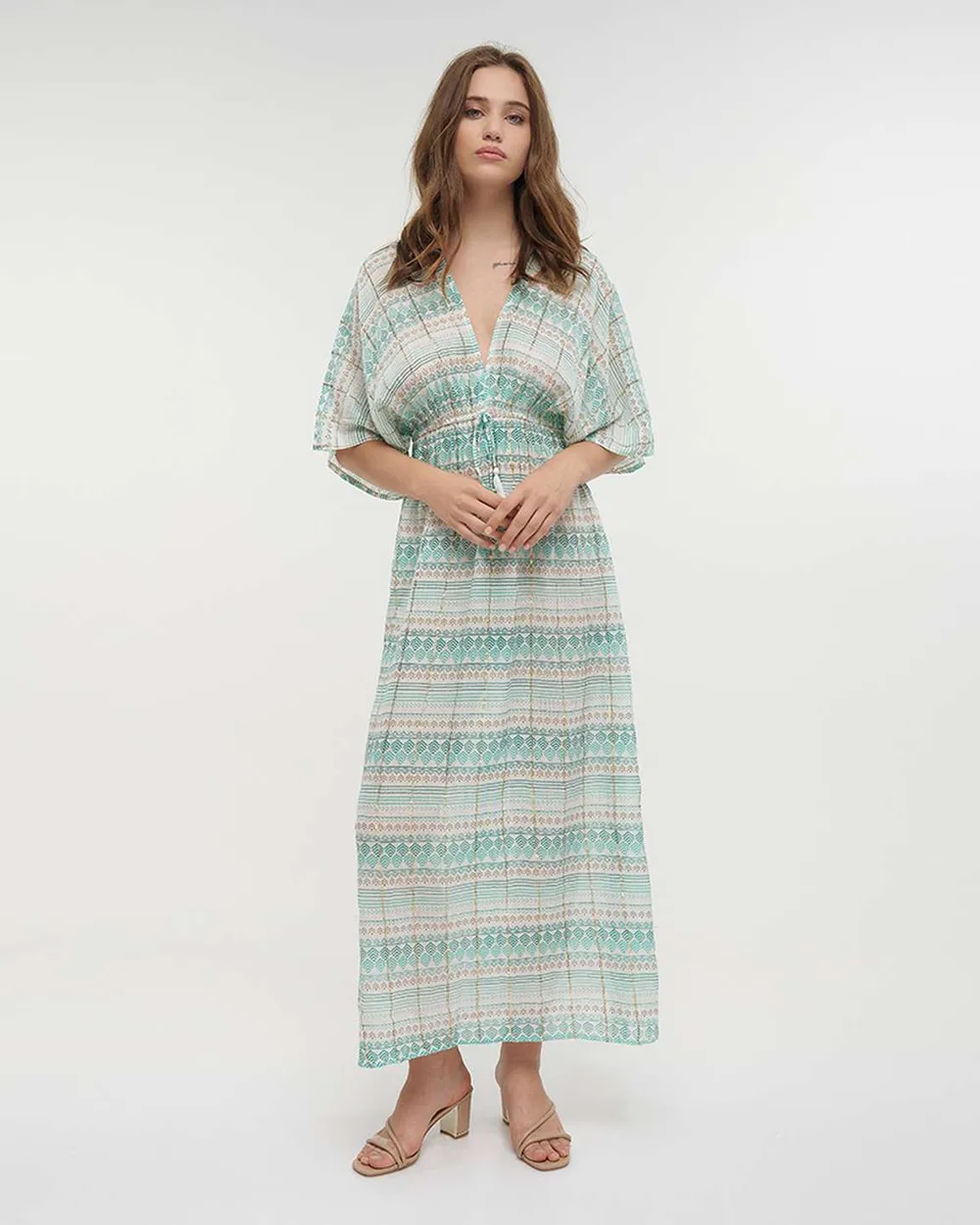 ΦΟΡΕΜΑ ΜΑΚΡΥ MΕ 3/4 ΜΑΝΙΚΙ ΣΕ ΛΕΥΚΟ/ΠΡΑΣΙΝΟ ΧΡΩΜΑ ΜΕ LUREX ONE SIZE(100% VISCOSE)