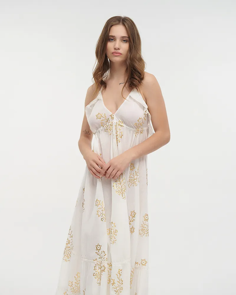 ΦΟΡΕΜΑ ΜΑΚΡΥ ΕΞΩΠΛΑΤΟ ΣΕ ΛΕΥΚΟ ΧΡΩΜΑ ΜΕ ΧΡΥΣΕΣ ΛΕΠΤΟΜΕΡΕΙΕΣ ΟNE SIZE(100% COTTON)