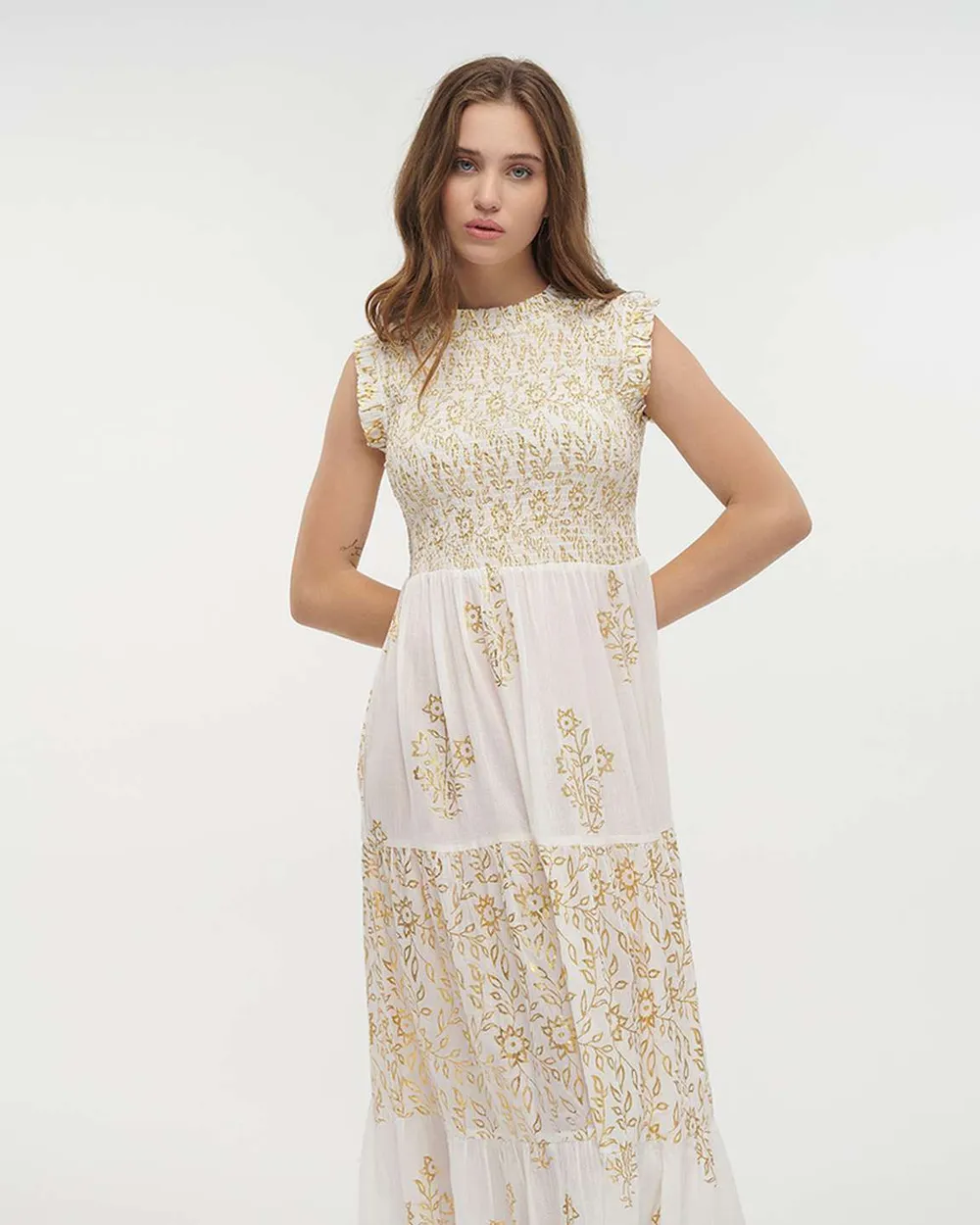 ΦΟΡΕΜΑ ΜΑΚΡΥ AMANIKO ΣΕ ΛΕΥΚΟ ΧΡΩΜΑ ΜΕ ΧΡΥΣΕΣ ΛΕΠΤΟΜΕΡΕΙΕΣ ΟNE SIZE(100% COTTON)
