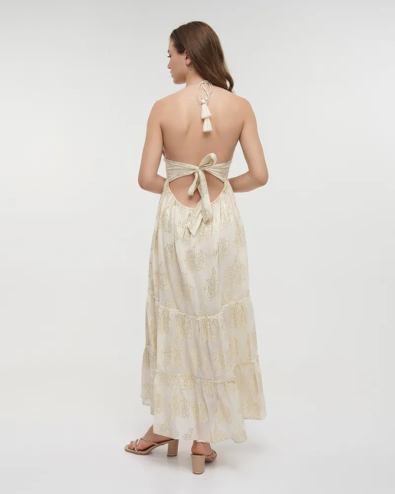 ΦΟΡΕΜΑ ΜΑΚΡΥ AMANIKO ΣΕ ΕΚΡΟΥ ΧΡΩΜΑ ΜΕ ΧΡΥΣΕΣ ΛΕΠΤΟΜΕΡΕΙΕΣ ΟNE SIZE(100% COTTON)