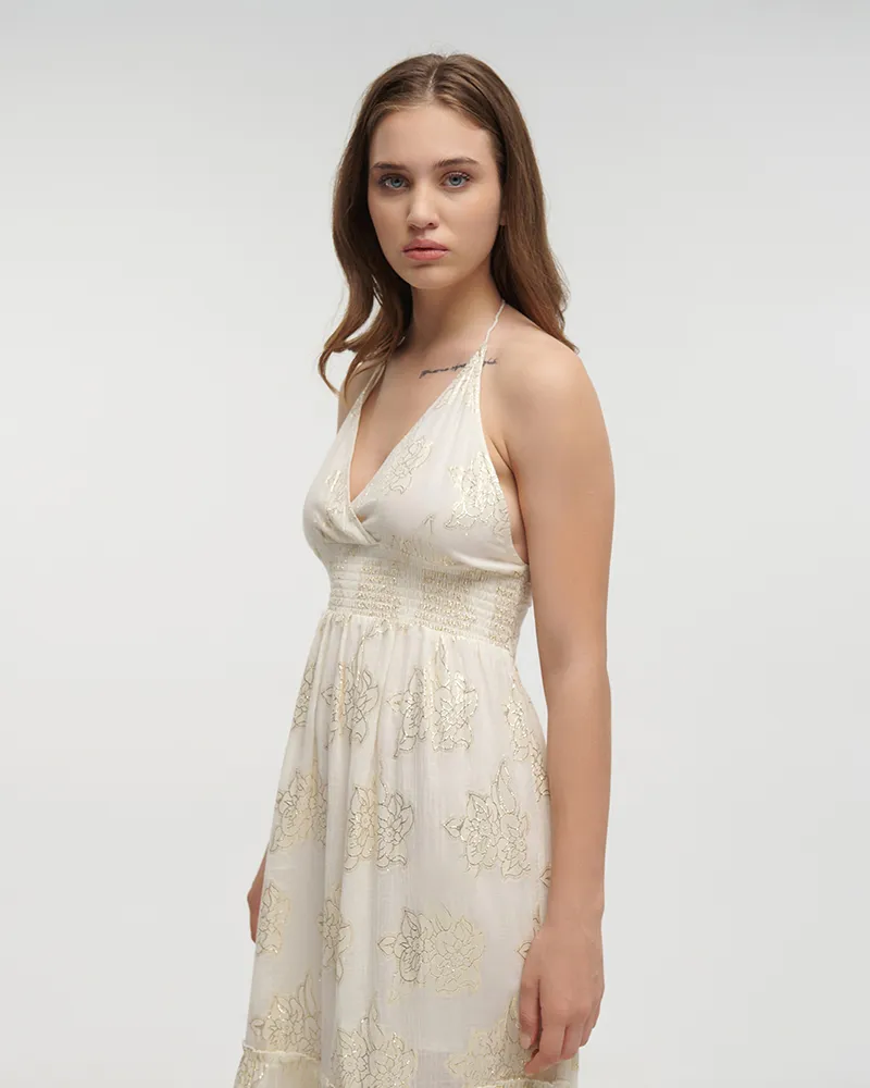 ΦΟΡΕΜΑ ΜΑΚΡΥ AMANIKO ΣΕ ΕΚΡΟΥ ΧΡΩΜΑ ΜΕ ΧΡΥΣΕΣ ΛΕΠΤΟΜΕΡΕΙΕΣ ΟNE SIZE(100% COTTON)