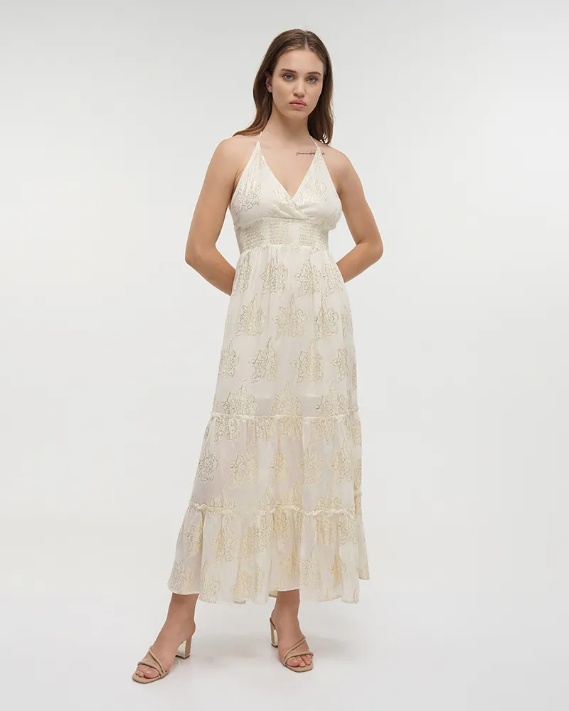 ΦΟΡΕΜΑ ΜΑΚΡΥ AMANIKO ΣΕ ΕΚΡΟΥ ΧΡΩΜΑ ΜΕ ΧΡΥΣΕΣ ΛΕΠΤΟΜΕΡΕΙΕΣ ΟNE SIZE(100% COTTON)