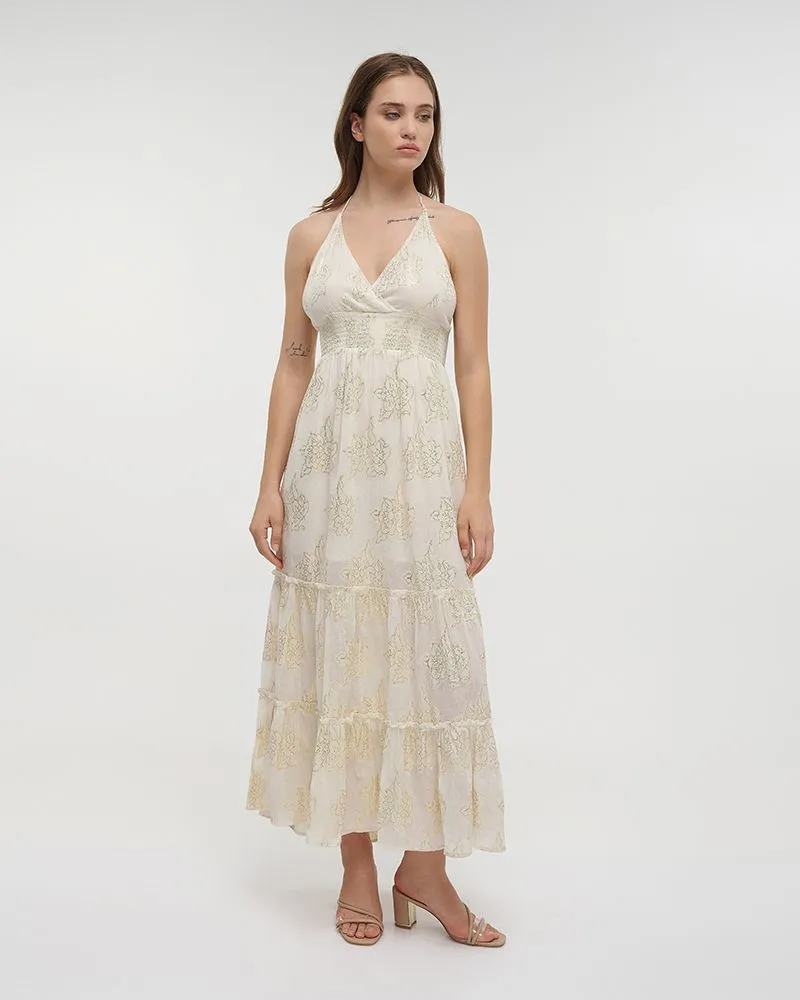 ΦΟΡΕΜΑ ΜΑΚΡΥ AMANIKO ΣΕ ΕΚΡΟΥ ΧΡΩΜΑ ΜΕ ΧΡΥΣΕΣ ΛΕΠΤΟΜΕΡΕΙΕΣ ΟNE SIZE(100% COTTON)