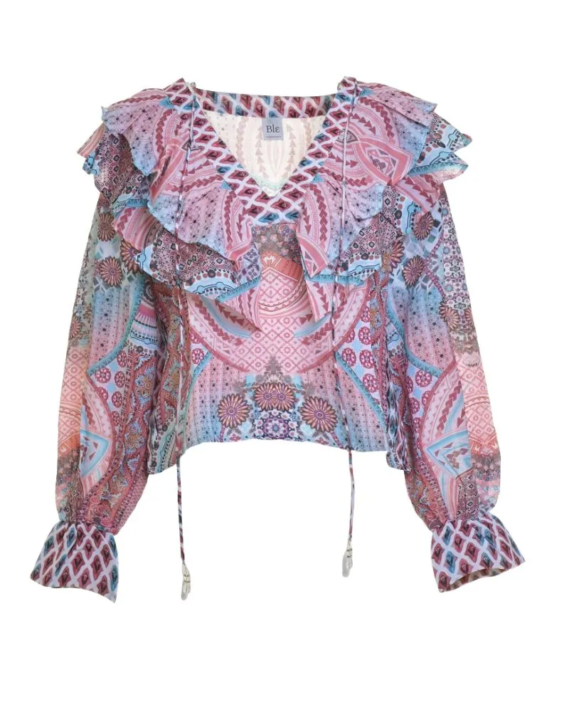 ΜΠΛΟΥΖΑ ΜΕ ΜΑΚΡΥ ΜΑΝΙΚΙ ΛΕΥΚΟ/ΡΟΖ ΜΕ ΣΧΕΔΙΑ ONE SIZE (100% LINEN)