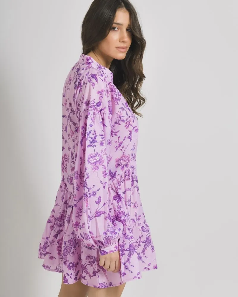 ΦΟΡΕΜΑ ΚΟΝΤΟ ΜΕ ΜΑΚΡΥ ΜΑΝΙΚΙ ΜΩΒ ΜΕ ΛΟΥΛΟΥΔΙΑ ONE SIZE ( 100%LINEN)