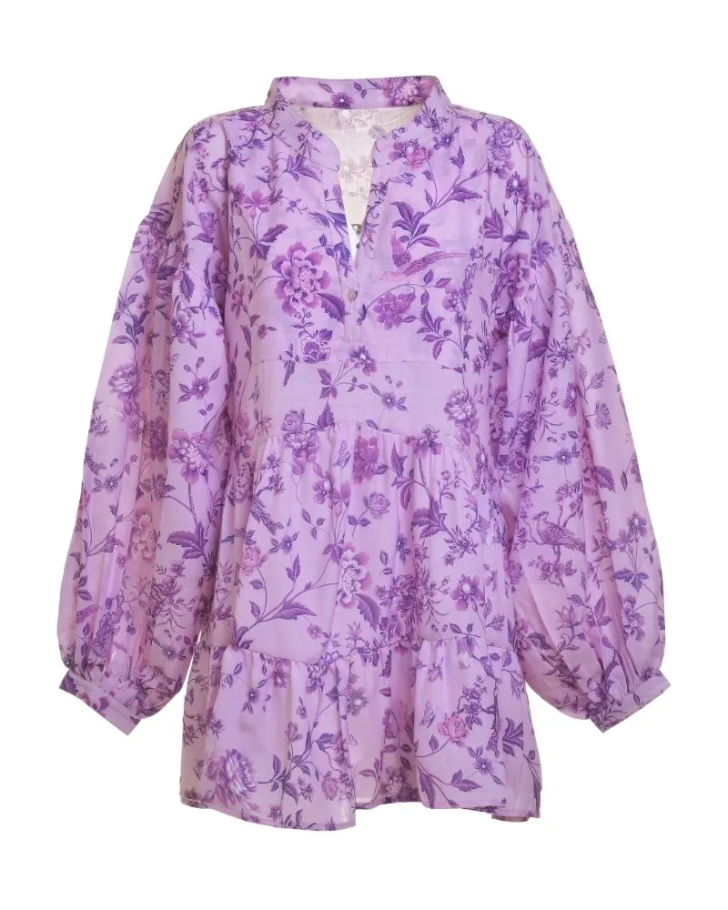 ΦΟΡΕΜΑ ΚΟΝΤΟ ΜΕ ΜΑΚΡΥ ΜΑΝΙΚΙ ΜΩΒ ΜΕ ΛΟΥΛΟΥΔΙΑ ONE SIZE ( 100%LINEN)