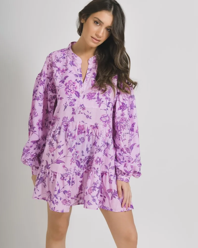 ΦΟΡΕΜΑ ΚΟΝΤΟ ΜΕ ΜΑΚΡΥ ΜΑΝΙΚΙ ΜΩΒ ΜΕ ΛΟΥΛΟΥΔΙΑ ONE SIZE ( 100%LINEN)