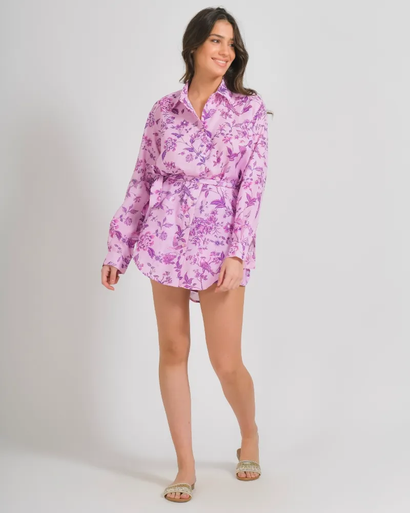 ΠΟΥΚΑΜΙΣΑ ΜΕ ΖΩΝΗ ΜΩΒ ΜΕ ΛΟΥΛΟΥΔΙΑ ONE SIZE ( 100%LINEN)