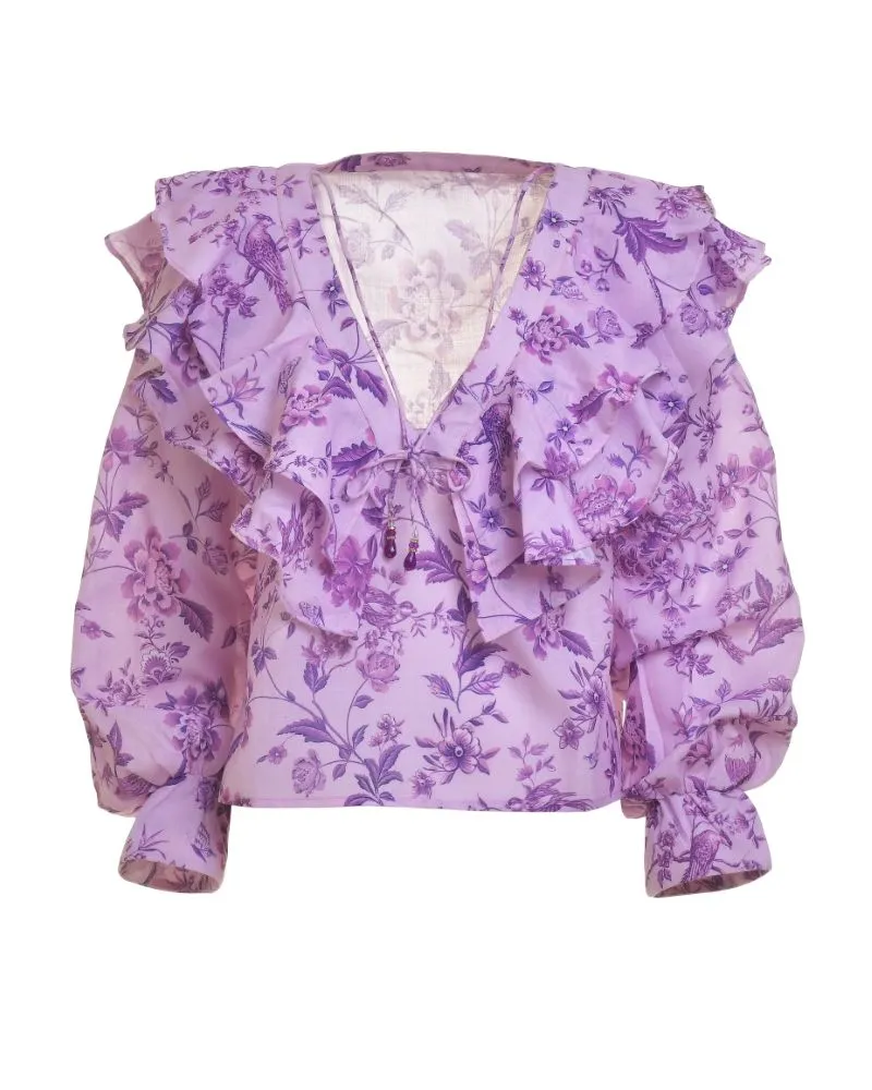 ΜΠΛΟΥΖΑ ΜΕ ΜΑΚΡΥ ΜΑΝΙΚΙ ΚΑΙ ΒΟΛΑΝ ΜΩΒ ΜΕ ΛΟΥΛΟΥΔΙΑ ONE SIZE ( 100%LINEN)