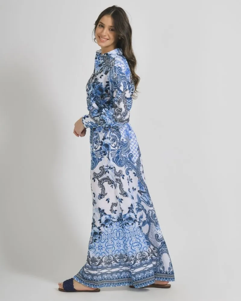 ΠΟΥΚΑΜΙΣΑ ΜΑΚΡΙΑ ΜΕ ΖΩΝΗ ΛΕΥΚΟ ΜΠΛΕ ΜΕ ΣΧΕΔΙΑ ONE SIZE ( 100%LINEN)