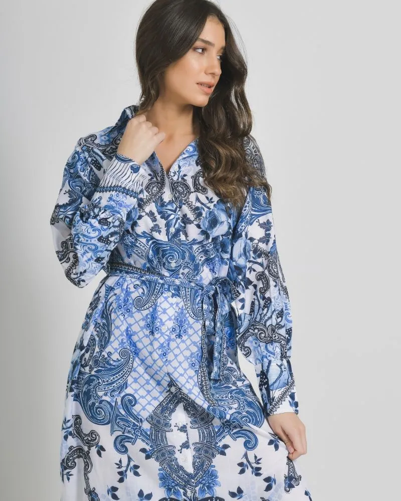 ΠΟΥΚΑΜΙΣΑ ΜΑΚΡΙΑ ΜΕ ΖΩΝΗ ΛΕΥΚΟ ΜΠΛΕ ΜΕ ΣΧΕΔΙΑ ONE SIZE ( 100%LINEN)