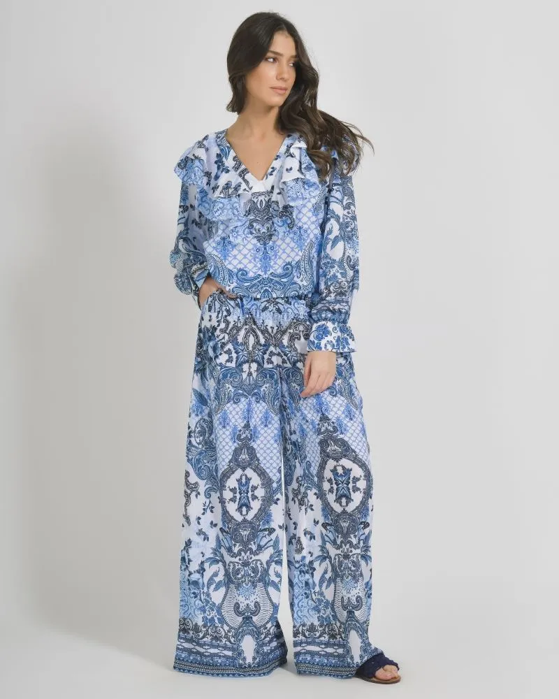 ΜΠΛΟΥΖΑ ΜΕ ΜΑΚΡΥ ΜΑΝΙΚΙ ΚΑΙ ΒΟΛΑΝ ΛΕΥΚΟ ΜΠΛΕ ΜΕ ΣΧΕΔΙΑ ONE SIZE ( 100%LINEN)