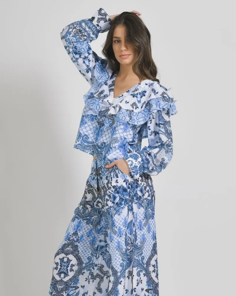 ΜΠΛΟΥΖΑ ΜΕ ΜΑΚΡΥ ΜΑΝΙΚΙ ΚΑΙ ΒΟΛΑΝ ΛΕΥΚΟ ΜΠΛΕ ΜΕ ΣΧΕΔΙΑ ONE SIZE ( 100%LINEN)