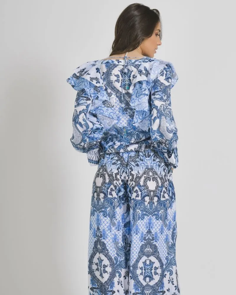 ΜΠΛΟΥΖΑ ΜΕ ΜΑΚΡΥ ΜΑΝΙΚΙ ΚΑΙ ΒΟΛΑΝ ΛΕΥΚΟ ΜΠΛΕ ΜΕ ΣΧΕΔΙΑ ONE SIZE ( 100%LINEN)