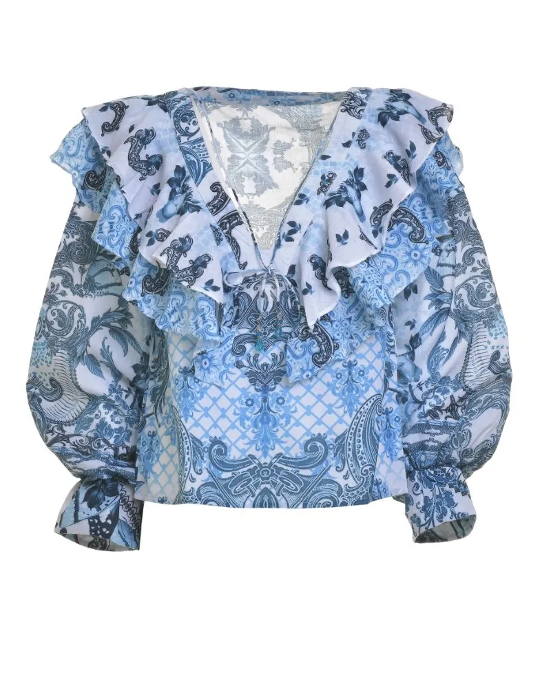 ΜΠΛΟΥΖΑ ΜΕ ΜΑΚΡΥ ΜΑΝΙΚΙ ΚΑΙ ΒΟΛΑΝ ΛΕΥΚΟ ΜΠΛΕ ΜΕ ΣΧΕΔΙΑ ONE SIZE ( 100%LINEN)