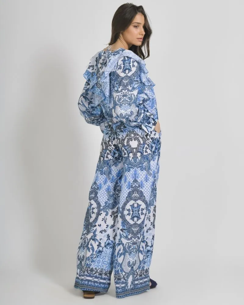 ΠΑΝΤΕΛΟΝΑ ΛΕΥΚΟ ΜΠΛΕ ΜΕ ΣΧΕΔΙΑ ONE SIZE ( 100%LINEN)