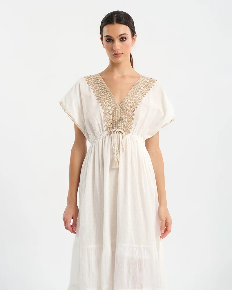 ΦΟΡΕΜΑ ΜΑΚΡΥ ΜΕ ΚΟΝΤΟ ΜΑΝΙΚΙ ΜΕ ΚΑΦΕ ΚΕΝΤΗΜΑΤΑ ONE SIZE (100% COTTON)