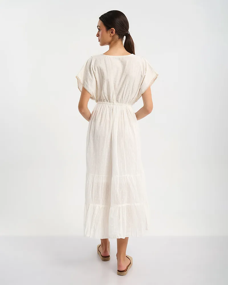 ΦΟΡΕΜΑ ΜΑΚΡΥ ΜΕ ΚΟΝΤΟ ΜΑΝΙΚΙ ΜΕ ΚΑΦΕ ΚΕΝΤΗΜΑΤΑ ONE SIZE (100% COTTON)