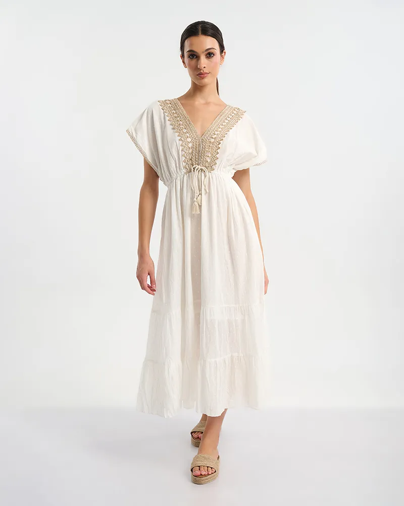 ΦΟΡΕΜΑ ΜΑΚΡΥ ΜΕ ΚΟΝΤΟ ΜΑΝΙΚΙ ΜΕ ΚΑΦΕ ΚΕΝΤΗΜΑΤΑ ONE SIZE (100% COTTON)